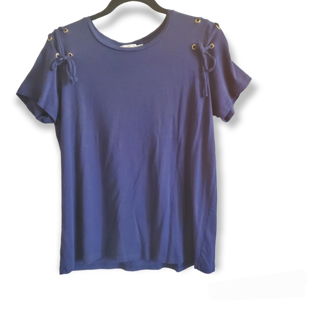 𝅺Michael Kors Grommets Lace-up Short Sleeve Navy Blue Knit Top size L